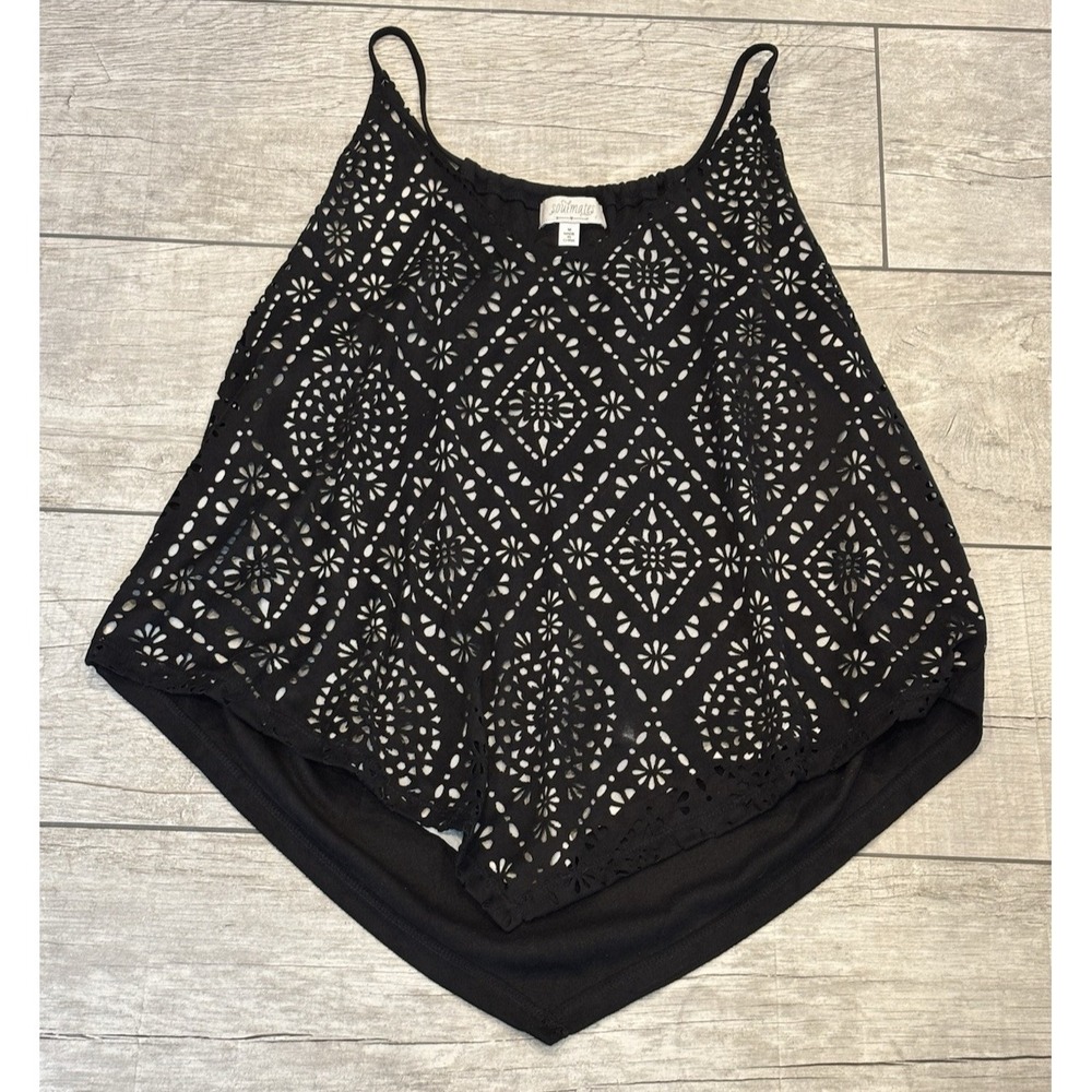 Black‎ Eyelet Cutout Cami Tank Top Womens Size M Asymmetrical Hem Festival Indie - Picture 2 of 16
